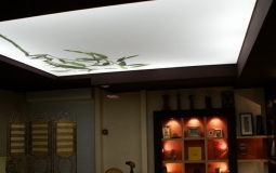 Светопрозрачный двухуровневый потолок с рисунком для спальни