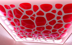 Красный резной натяжной потолок с подсветкой для детской