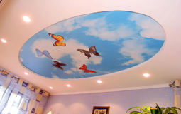 Натяжной потолок с рисунком и овальным каркасом детской